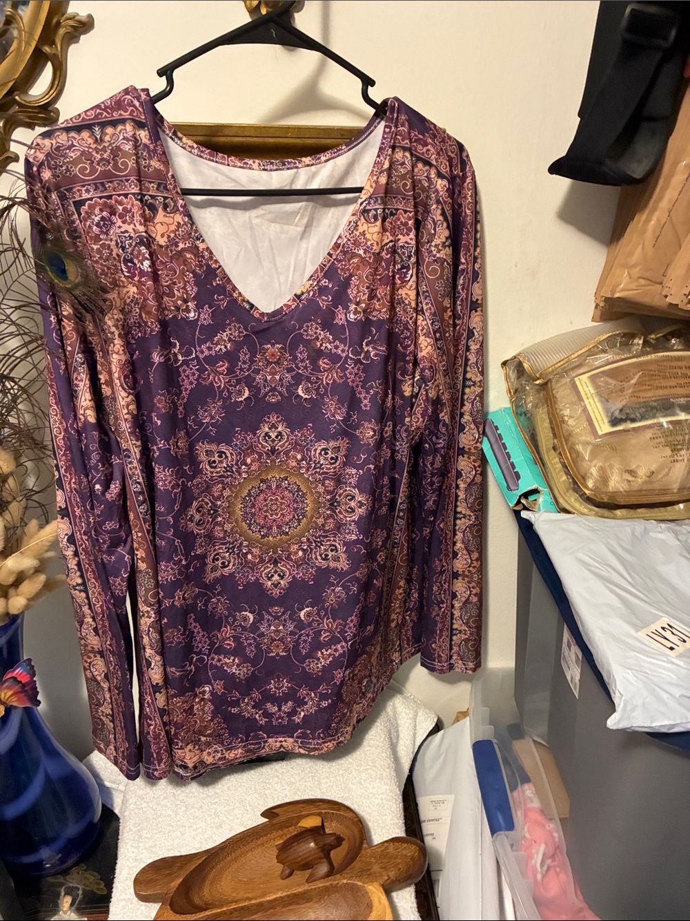 Purple Floral Medallion V-Neck Long Sleeve Top